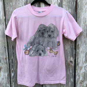 Vintage 90s Graphic Tee Tshirt Puppies Pink Unisex Cotton Single Stitch medium